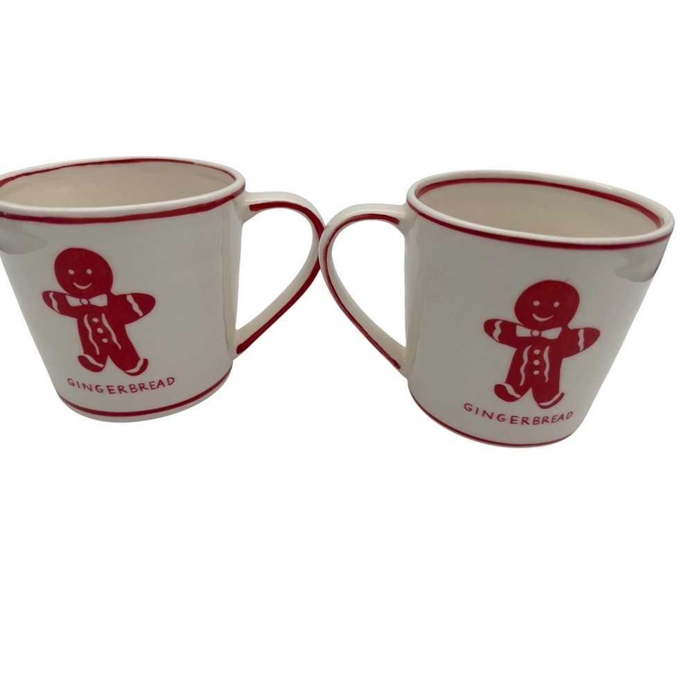 Molly Hatch Gingerbread Man Christmas Mugs Set of 2 Red White Holiday Stoneware